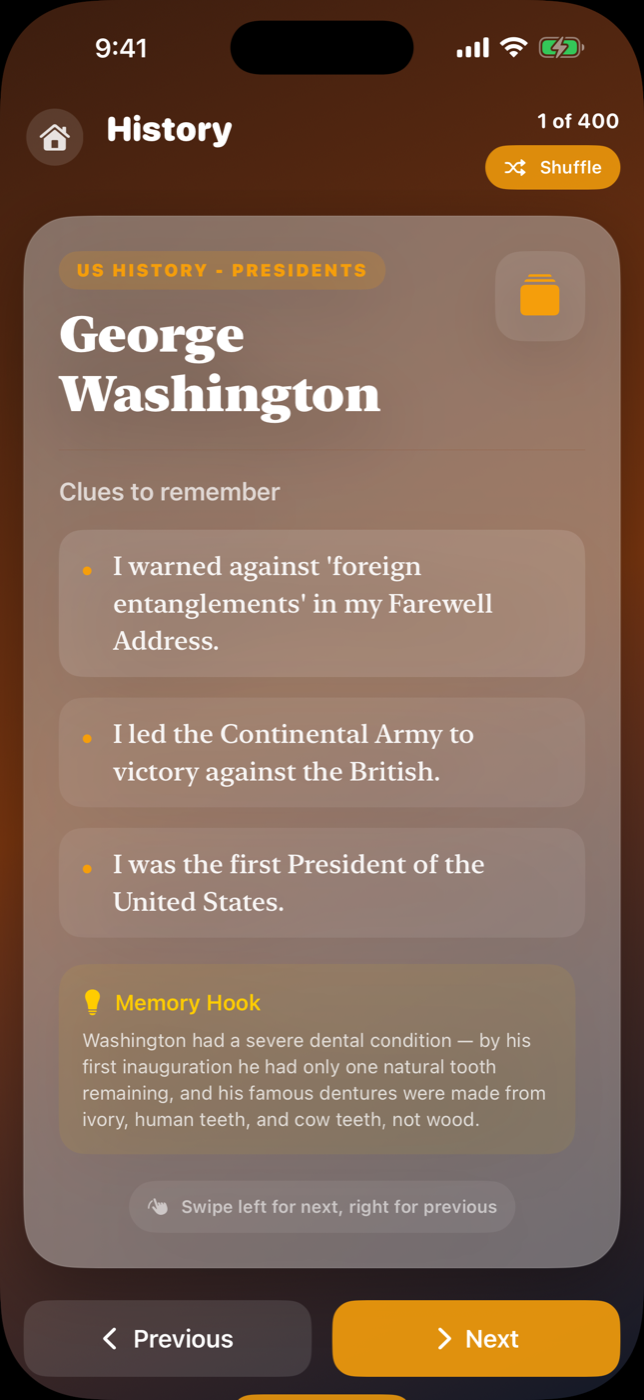 History flash card screen