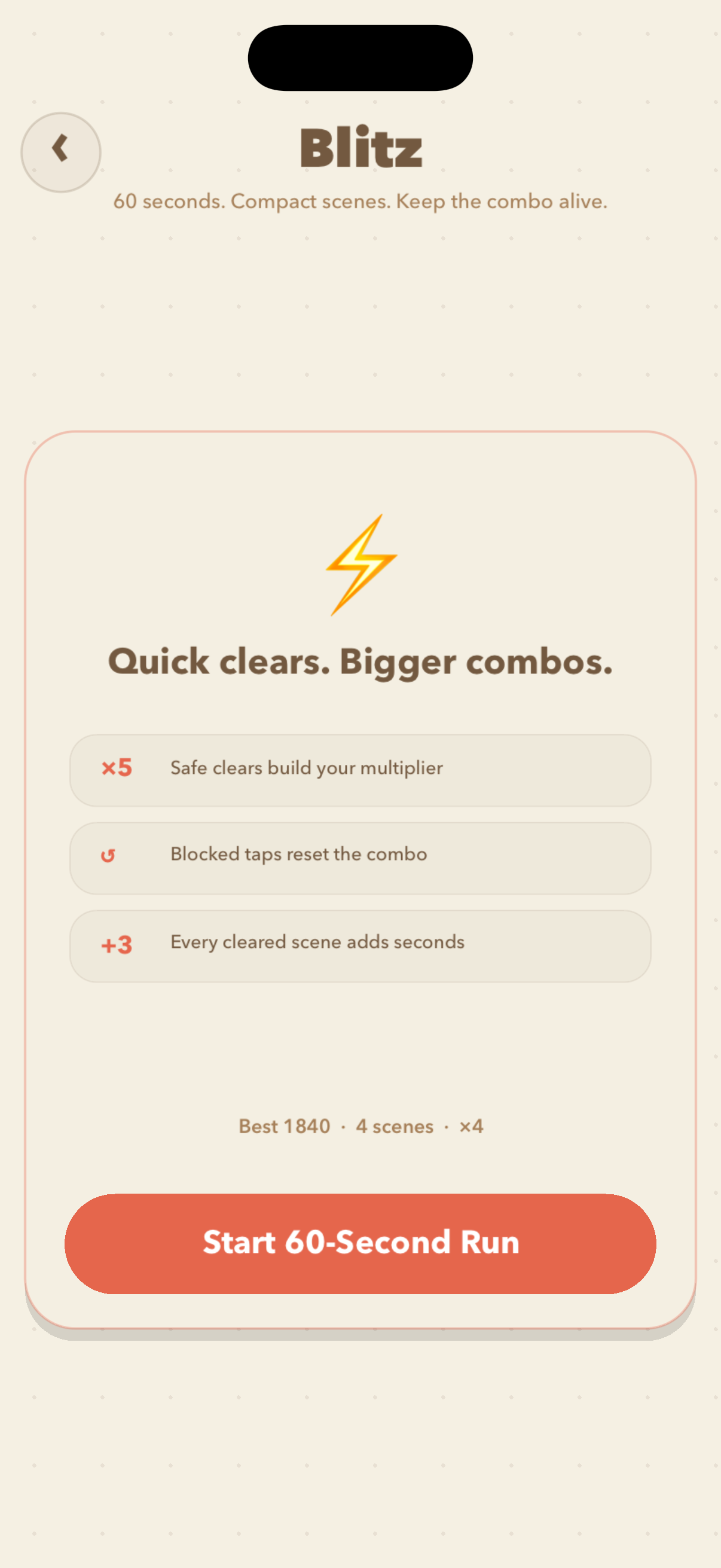 GoMaze blitz screen for sixty-second quick clears and combos