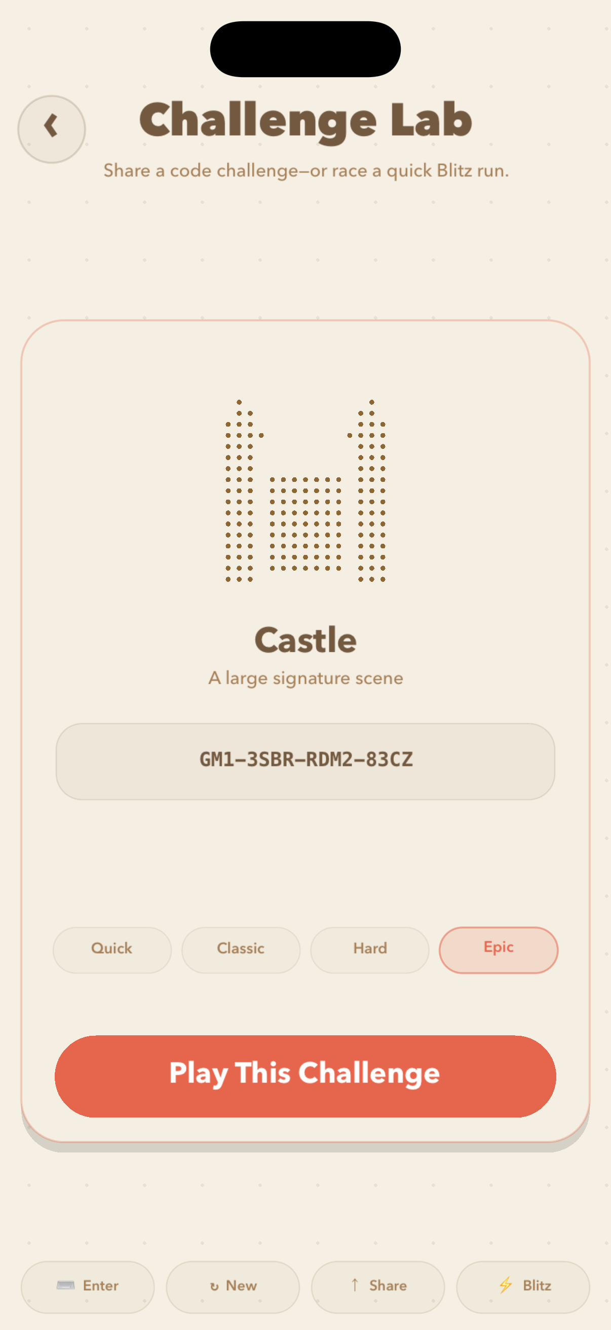 GoMaze challenge lab screen with shareable challenge code and difficulty choices