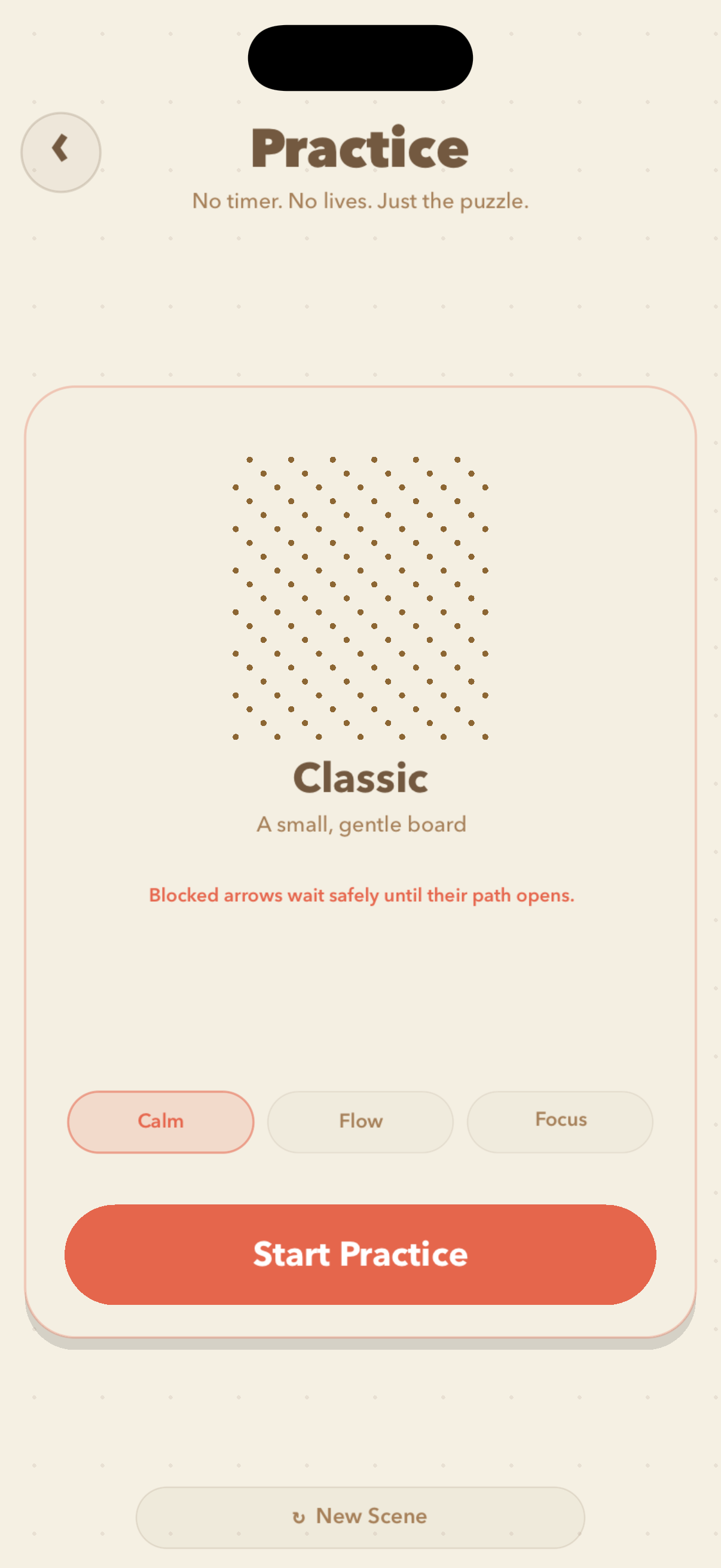 GoMaze practice screen with calm, flow, and focus difficulty choices