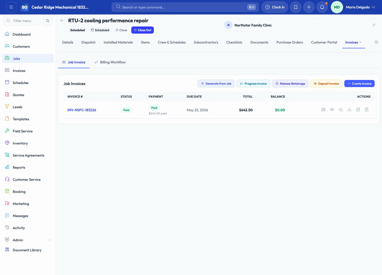 ServiceOpus billing view showing invoices, service agreements, jobs, and pending actions