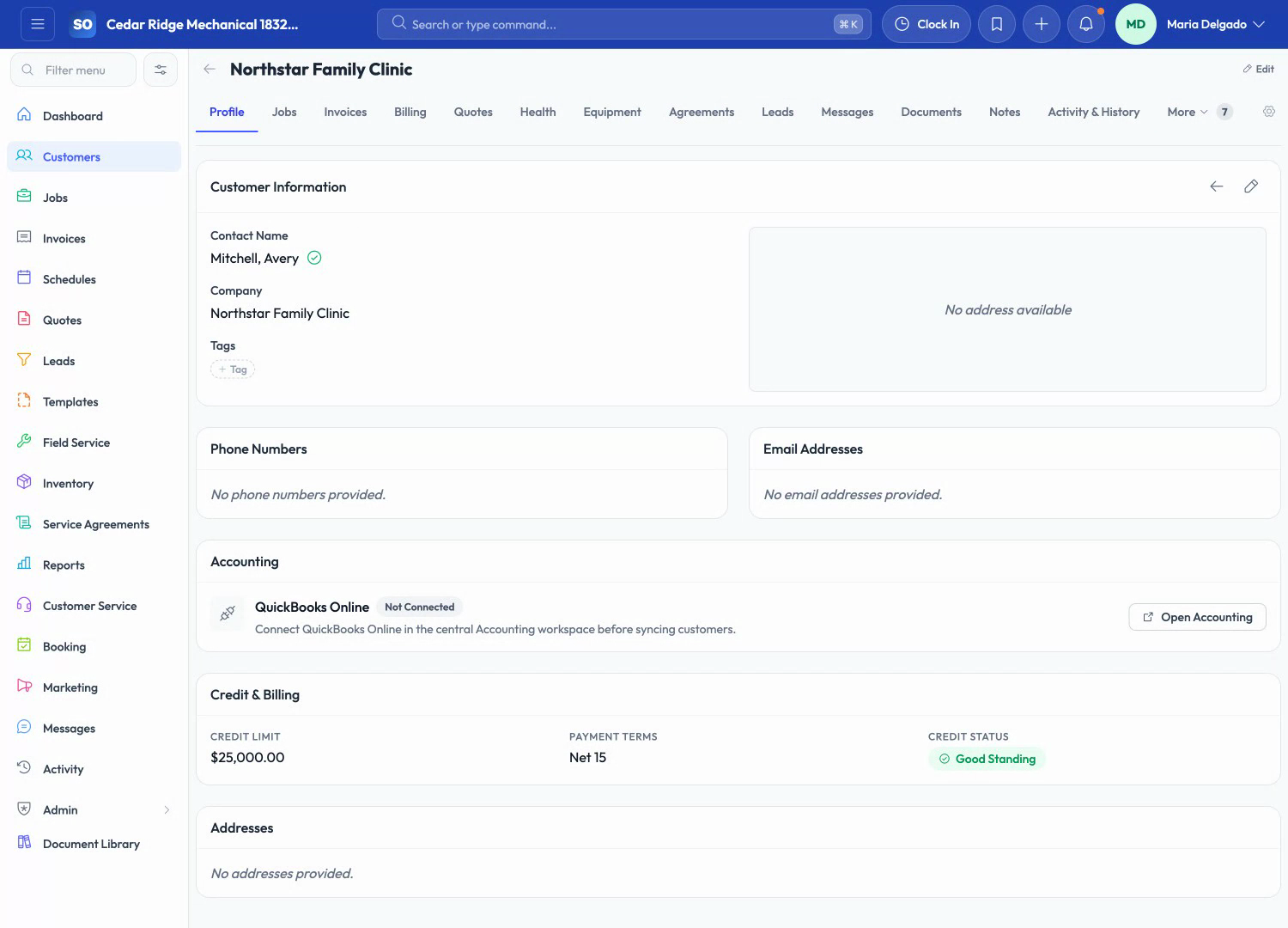 ServiceOpus customer profile with contact, accounting, and credit information