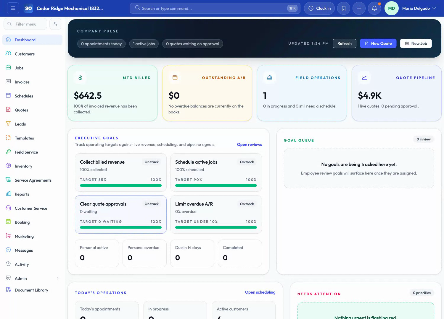 ServiceOpus dashboard with company pulse metrics, executive goals, and operational queue panels