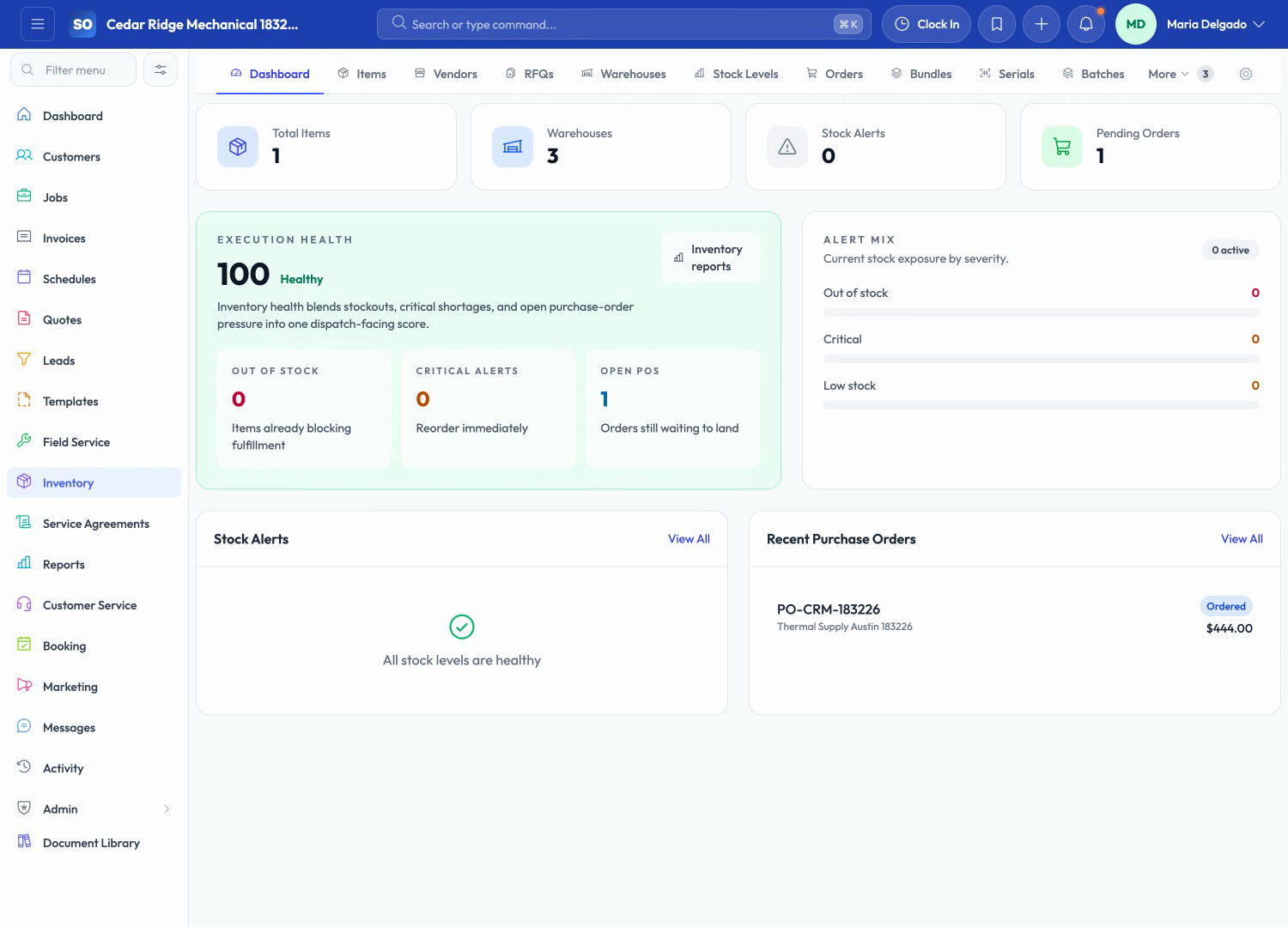 ServiceOpus inventory dashboard with stock health, purchase orders, transfers, and warehouse panels