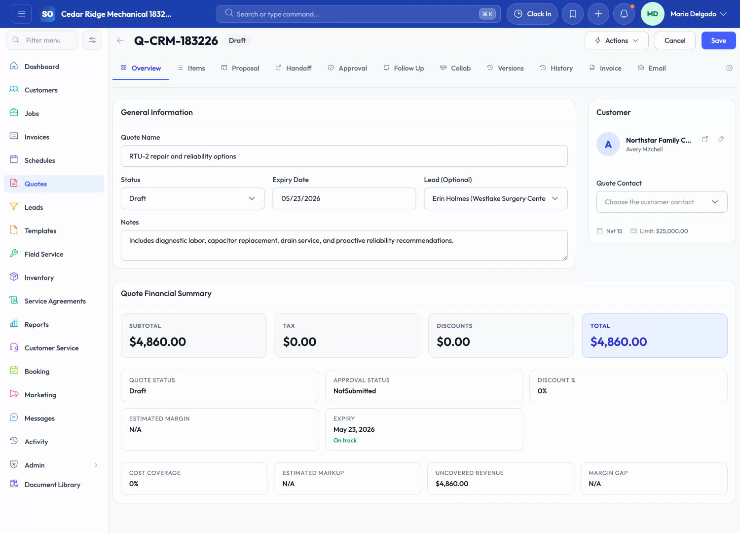 ServiceOpus quote workspace with scope, pricing, customer details, and job conversion actions