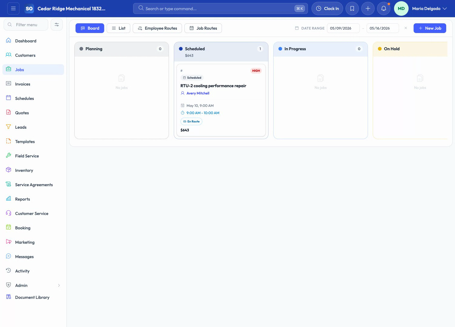 ServiceOpus scheduling board with dispatch stages and technician workload columns